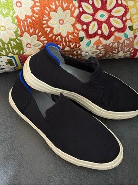 Rothy   Men's Black Slip-On Canvas Loafers with Blue Heel Trim